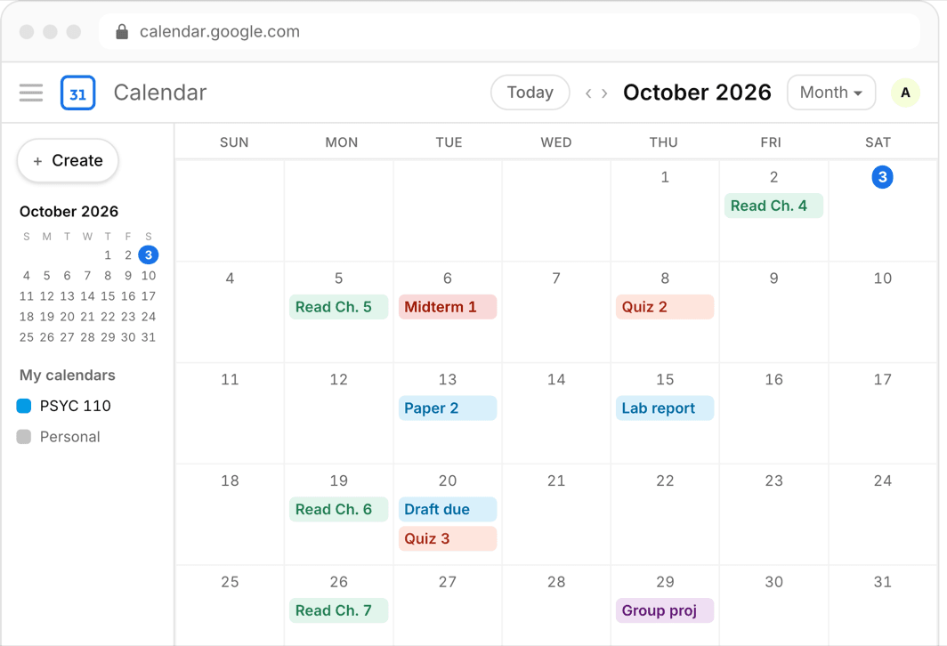 Google Calendar month view with PSYC 110 readings, quizzes, a midterm and a paper added from one syllabus upload